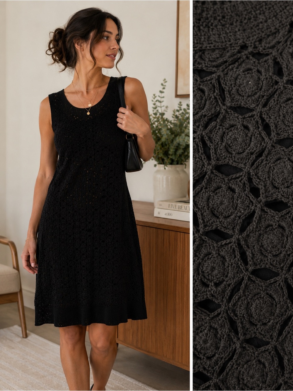 Banana Republic Black Crochet Dress Lined Large Boho Minimalist Midi Office